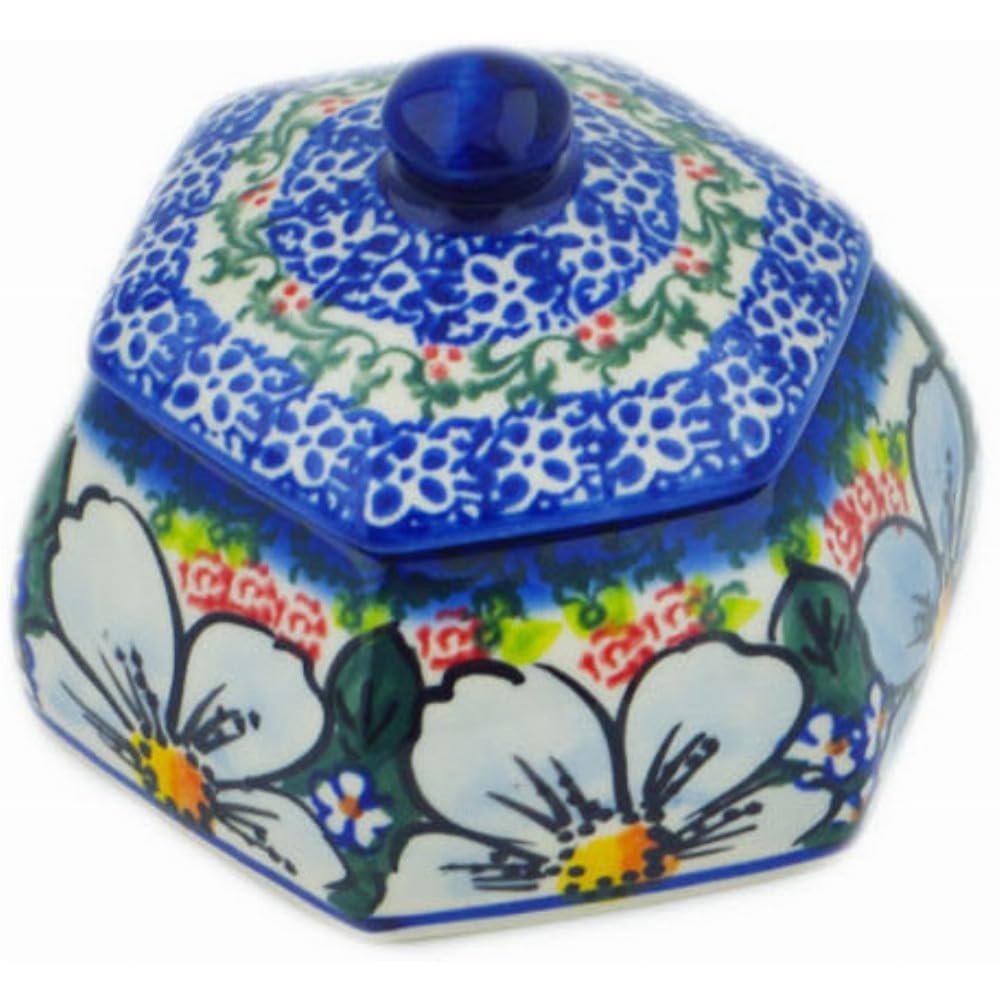 Polmedia Polish Pottery Jar with Lid UNIKAT - Floral Dream Pattern Handmade in Boleslawiec Poland + Certificate of Authenticity