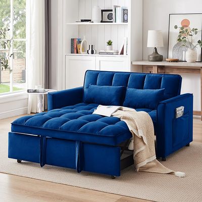 3-In-1 Sleeper Sofa,Velvet Pull Out Sofa Bed55.1-Inch Futon Convertible Loveseat Sleeper Love Seat with Adjustable Back, Sleeper Chair with Storage Bag & Pillow, for Living Room, Bedroom (A-Blue)