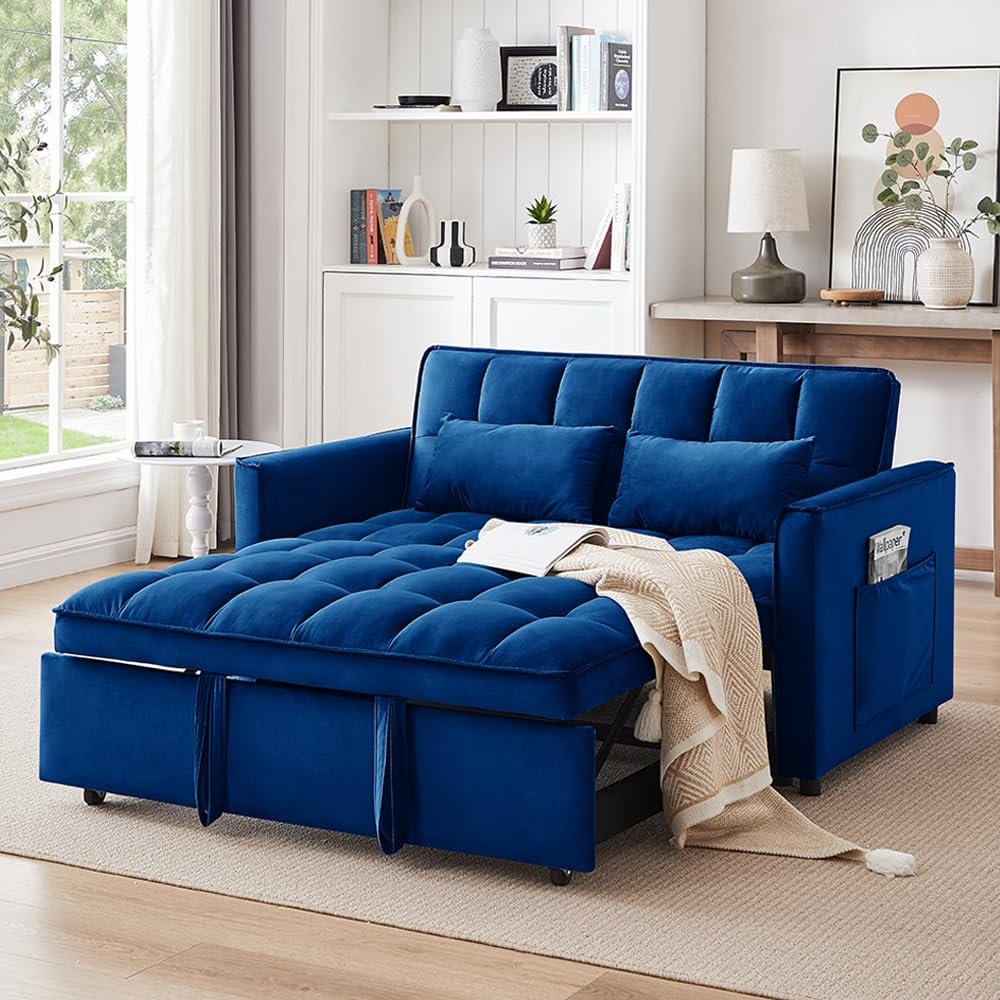 3-In-1 Sleeper Sofa,Velvet Pull Out Sofa Bed55.1-Inch Futon Convertible Loveseat Sleeper Love Seat with Adjustable Back, Sleeper Chair with Storage Bag & Pillow, for Living Room, Bedroom (A-Blue)