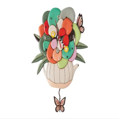 Enesco Allen Designs Tea Pot with Flowers and Butterflies Pendulum Wall Clock- Battery Operated Pendulum Analog Clock, Stone Resin Decorative Clocks for Walls Home Decor Kitchen Clocks, 9.85 Inch