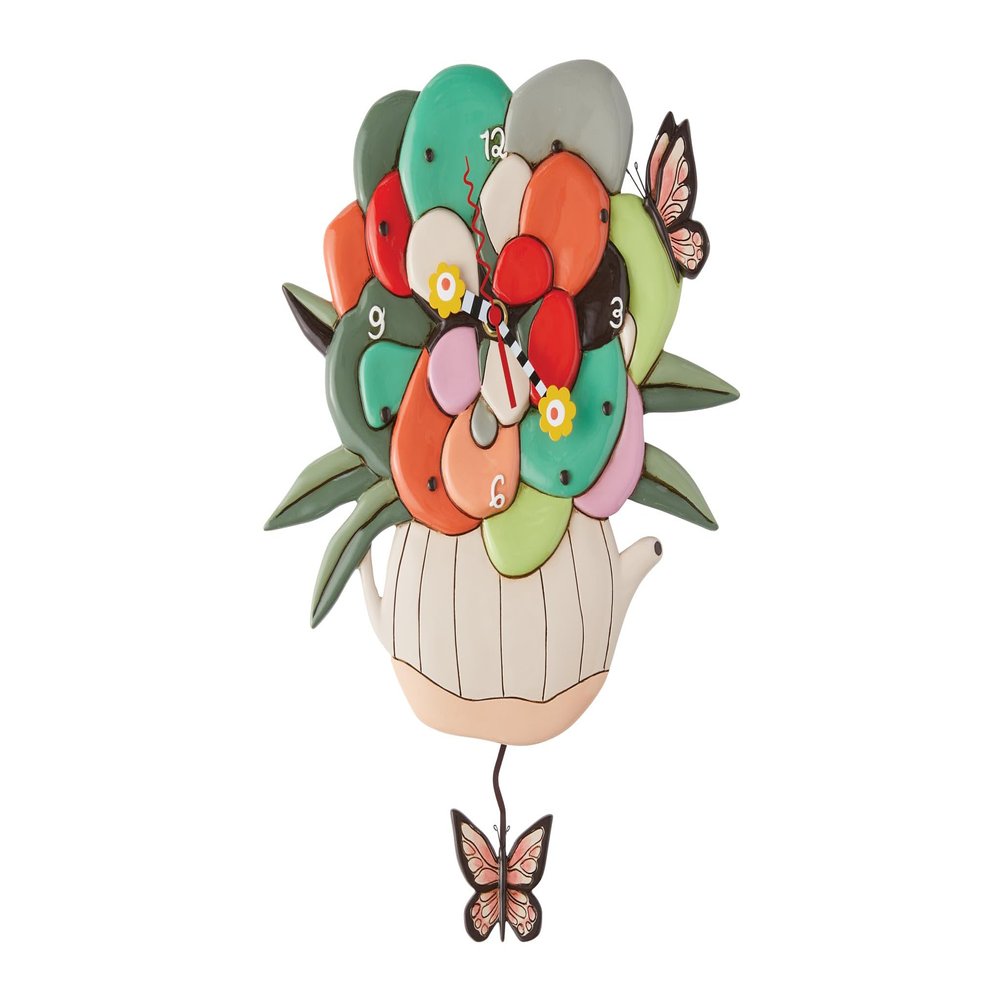Enesco Allen Designs Tea Pot with Flowers and Butterflies Pendulum Wall Clock- Battery Operated Pendulum Analog Clock, Stone Resin Decorative Clocks for Walls Home Decor Kitchen Clocks, 9.85 Inch