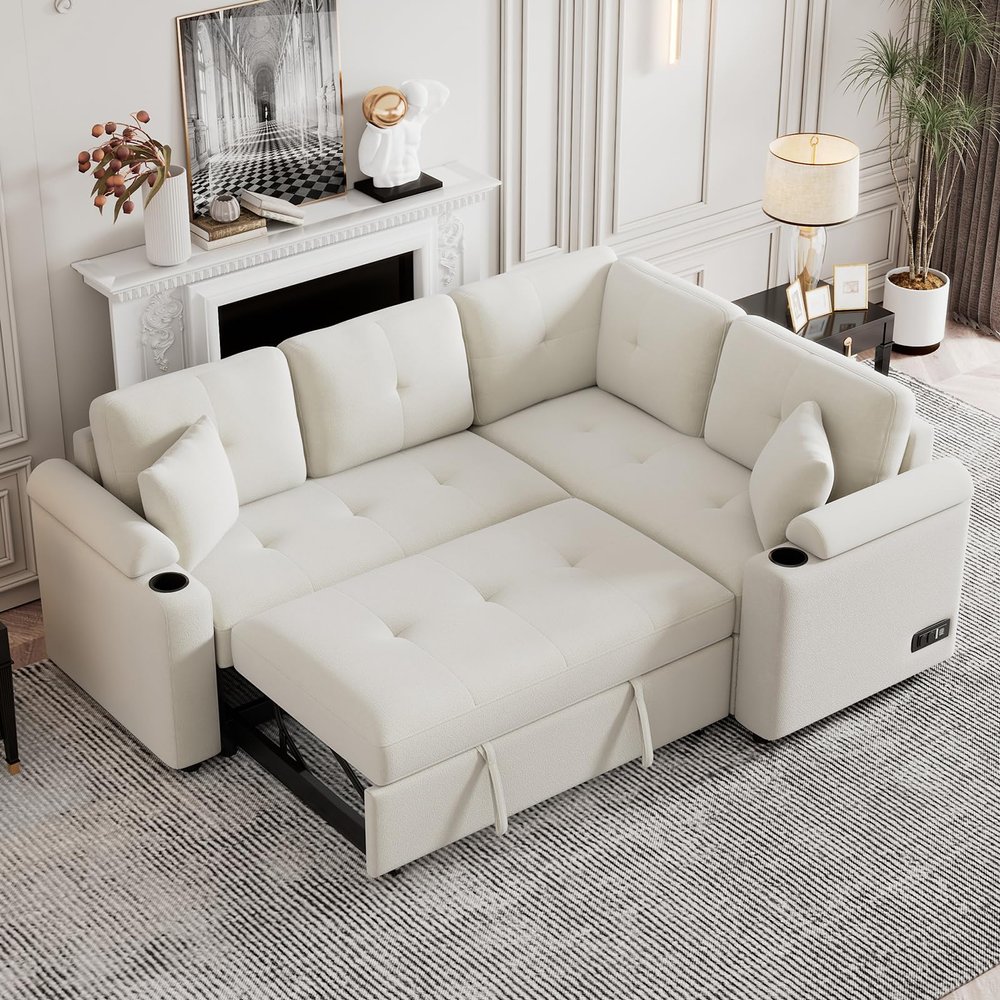87.4" L-Shape Couch with Boucle Sofa Bed, Pull Out Couch Bed with USB Ports and Power Sockets Sectional Sofa Bed for Living Room, Apartment, Office, Beige