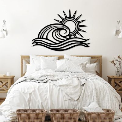 Sunrise Metal Wall Art, Sunrise Wall Decor Metal, Wave Art, Sun Wall Decoration Outdoor, Wall Decor Living Room, Bathroom (30"x21"/76x54cm, Black)