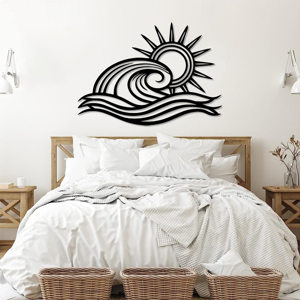 Sunrise Metal Wall Art, Sunrise Wall Decor Metal, Wave Art, Sun Wall Decoration Outdoor, Wall Decor Living Room, Bathroom (30"x21"/76x54cm, Black)