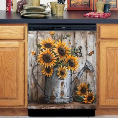HomeLoft Basics Sunflower and Rusty Watering Can on Vintage Wood Grain Dishwasher Magnet Decoration,Refrigerator Sticker,Oven Magnets Cover,Kitchen Home Appliance Decorative,Magnets Vinyl Wrap Sheet,23Wx26H