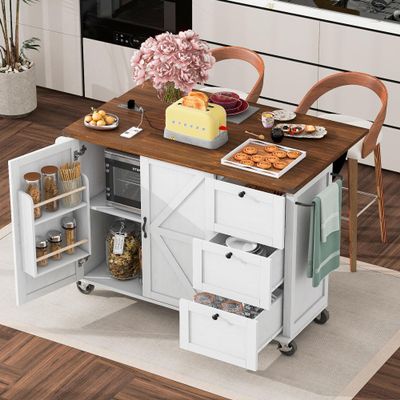 54.5" Kitchen Storage Island with Power Outlet, Farmhouse Kitchen Island with Internal Storage Rack, Drop Leaf, Spice Rack, Rolling Kitchen Cart on Wheels, for Home, Kitchen and Dining Room (White)