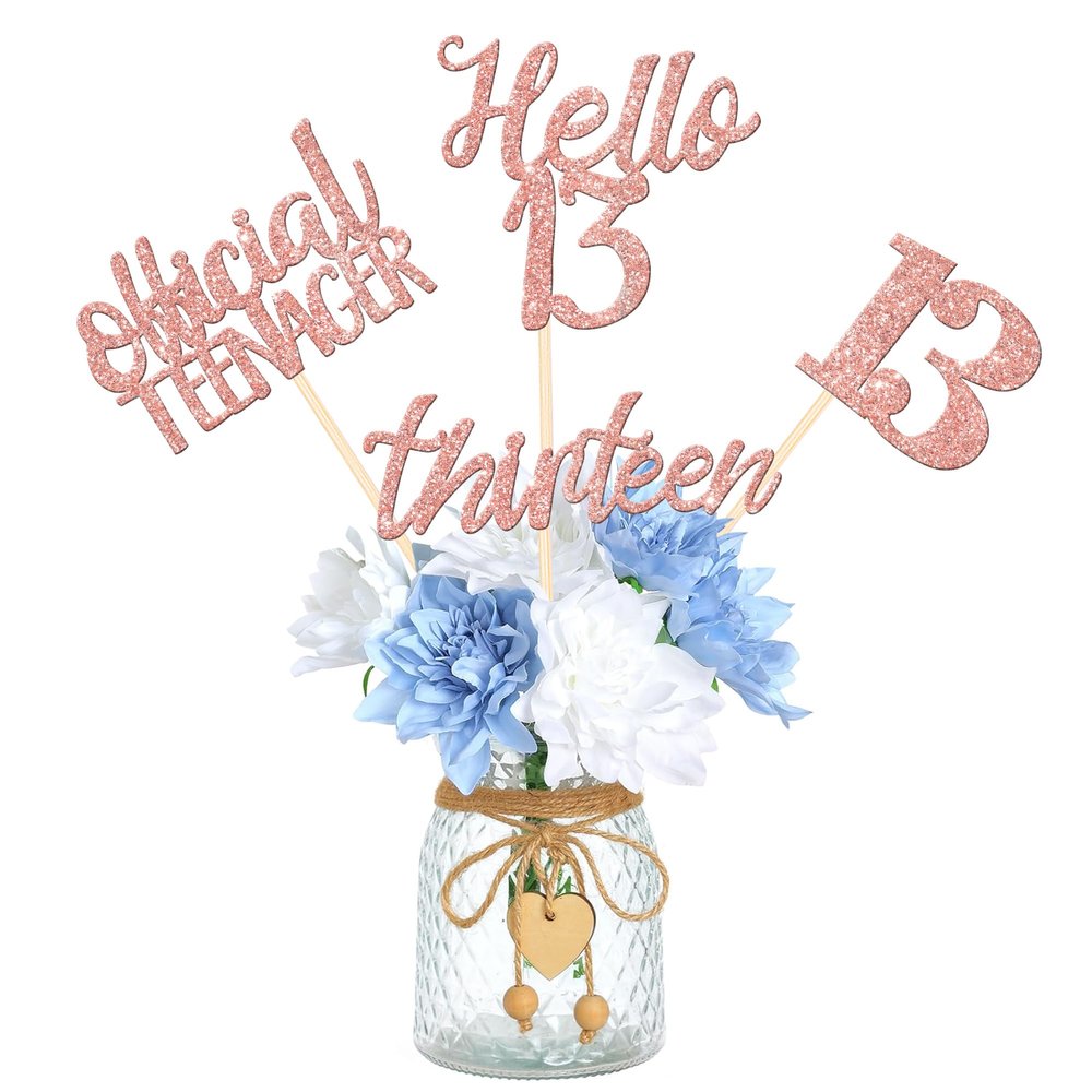 12 PCS 13th Birthday Centerpiece Sticks Double Sided Thirteen Cheers to 13 Official Teenager Hello 13 Table Flower Centerpieces Sticks for Happy 13th Birthday Party Decorations Supplies Rose Gold