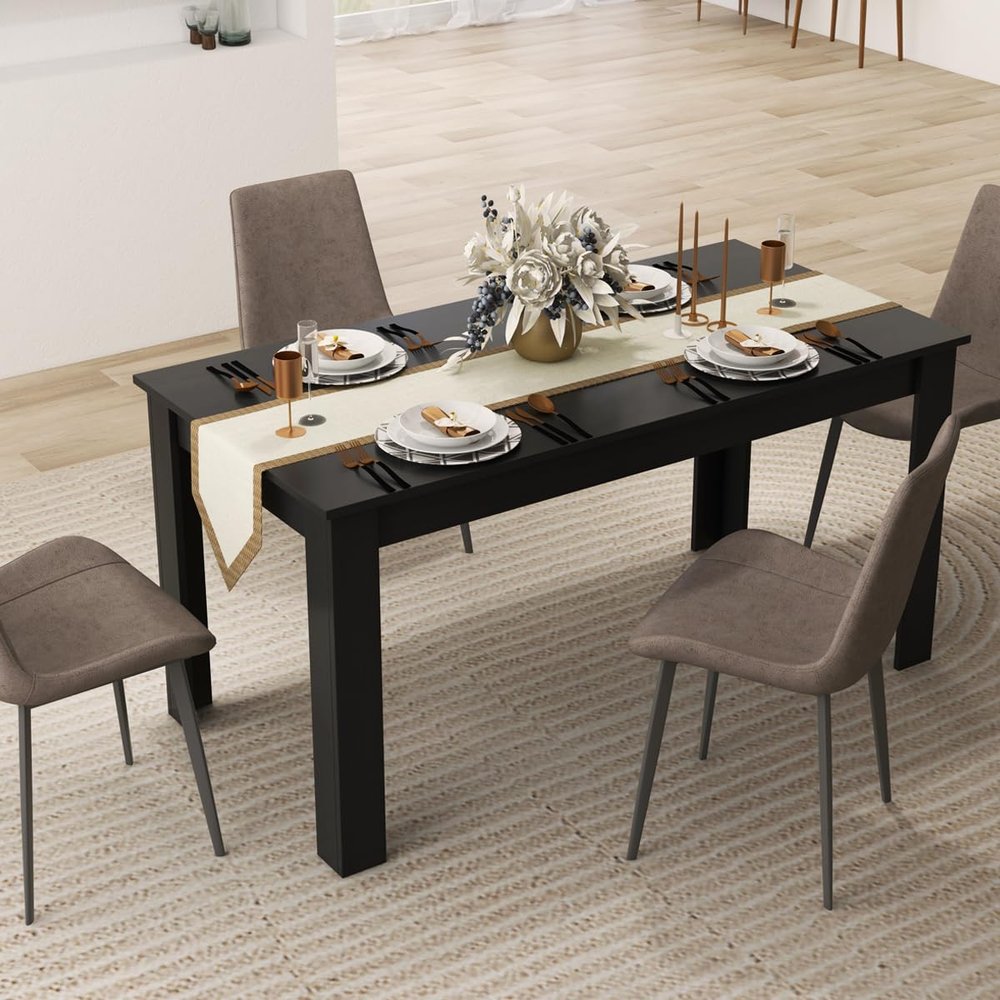 Moccha Wood Dining Table for 4-6 People, 63" Wood Rectangle Dinner Table, Modern Kitchen Table with L-Shaped Legs, 330lbs Weight Capacity, Farmhouse Dinette Table for Dining Room, Living Room, Black