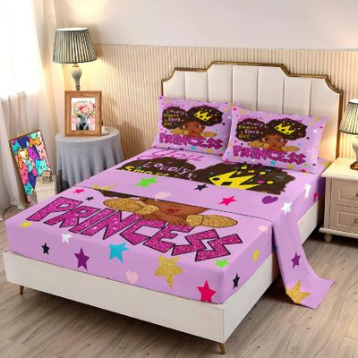 Jiospet Black Girl Sheets - 4Pcs Bed Set, Full Size, Cute African Black Girl Design, 1 Fitted + 1 Flat + 2 Pillowcases