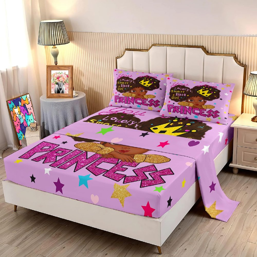 Jiospet Black Girl Sheets - 4Pcs Bed Set, Full Size, Cute African Black Girl Design, 1 Fitted + 1 Flat + 2 Pillowcases