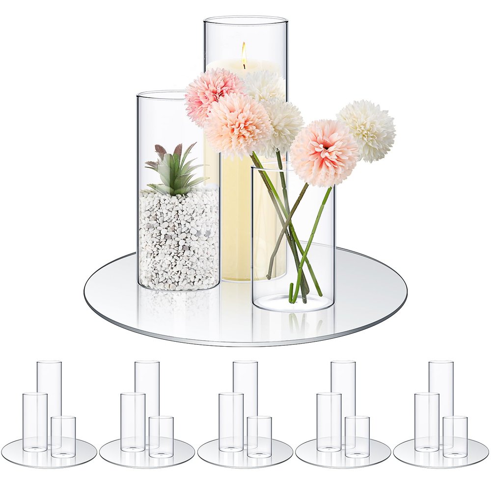 Sawysine 6 Sets 3.4'' x 4.7", 7", 9.8" Round Glass Mirror Trays Glass Cylinder Vases Wedding Table Flower Vase with Mirror Set Table Centerpiece Decoration for Wedding Craft Baby Shower Party