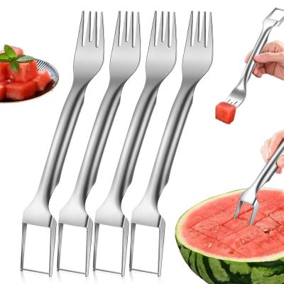 RJQIRP 2-In-1 Stainless Steel Fruit Cutter,Dual Head Fruit Forks Slicer KnifeNew Watermelon Fork Slicer Cutter Watermelon Cutter Slicer ToolWatermelon Slicer Cutter For Camping(4PCS)