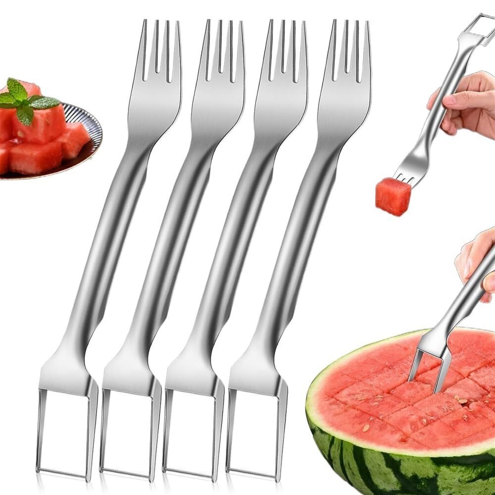 RJQIRP 2-In-1 Stainless Steel Fruit Cutter,Dual Head Fruit Forks Slicer KnifeNew Watermelon Fork Slicer Cutter Watermelon Cutter Slicer ToolWatermelon Slicer Cutter For Camping(4PCS)
