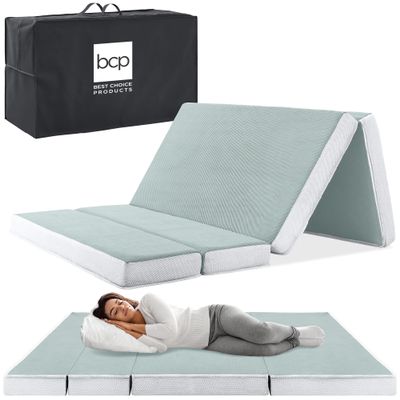 Best Choice Products 4in Portable Full-Size Mattress, Tri-Fold Mattress for Camping, Guest, Toddler, Foam Plush w/Carry Case - Seafoam