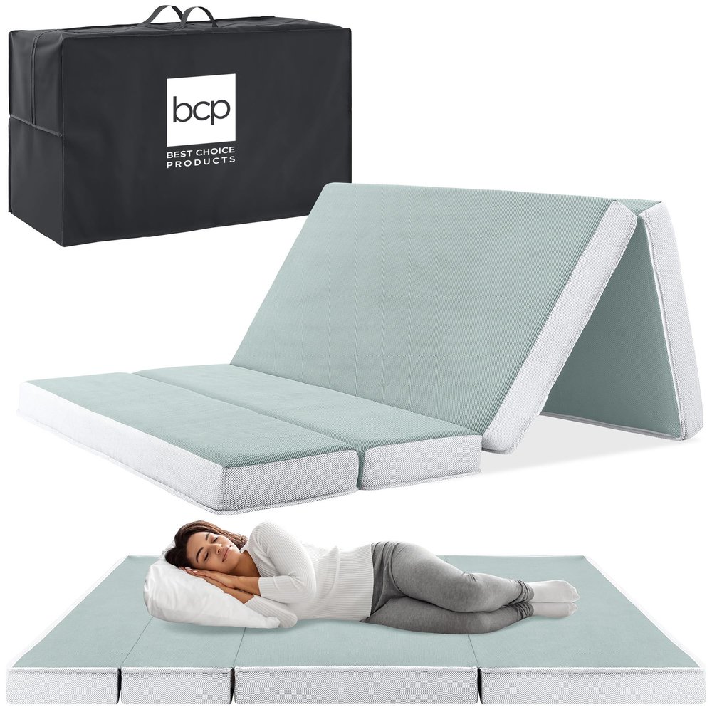 Best Choice Products 4in Portable Full-Size Mattress, Tri-Fold Mattress for Camping, Guest, Toddler, Foam Plush w/Carry Case - Seafoam