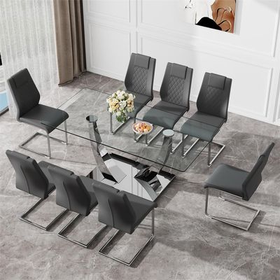 BAOPIN Glass Dining Table Set for 8, 71'' Modern Tempered Glass Dining Table Set, 9 Pieces Kitchen Table and PU Cusion Dining Chairs for 8