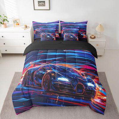 Feelyou Race Car Bedding Set 7 Piece Boys Girls Speed Sports Car King Comforter Set with Sheets for Kids Extreme Sports Bed in a Bag Trippy Automobile Colorful Bed Set Room Decor