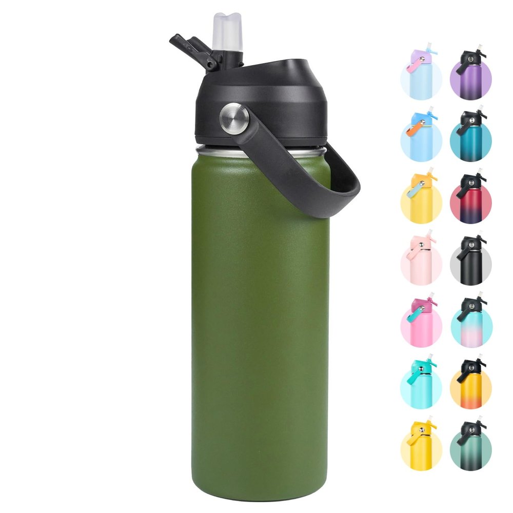 Fijinhom 18oz Insulated Stainless Steel Water Bottle, Wide Mouth Double Wall Vacuum, Silicone Straw, Sweat & Leak Proof, BPA Free Insulated Water Flask for Travel, Keep Cold 24h Hot 12h, Green