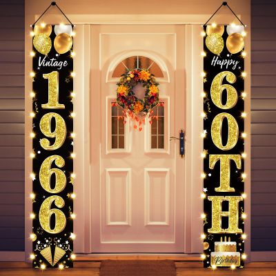 60th Birthday Party Banner Lighted Decorations for Men Women - Black Gold 1966 Birthday Decorations Door Banners with LED Light, Sixty Years Birthday Party Supplies for Indoor Outdoor Decor