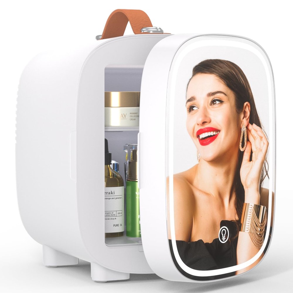 Hansburg Mini Fridge for Bedroom Mirror Skincare Cooler & Warmer Portable Small Refrigerator 4 Liter/6 can with 12v AC/DC/USB Option for Food, Drinks, Makeup, Dorm, Office and Car