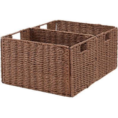 Vagusicc Wicker Storage Basket, Set of 2 Hand-Woven Paper Rope Wicker Basket, Small Storage Baskets for Organizing Toilet Paper Basket, Foldable Large Cube Storage Organizer Bins for Shelves (Brown)