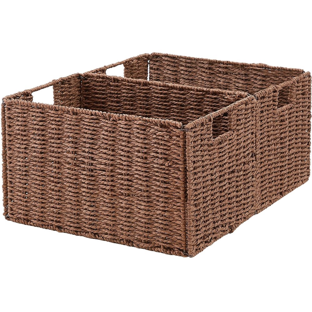 Vagusicc Wicker Storage Basket, Set of 2 Hand-Woven Paper Rope Wicker Basket, Small Storage Baskets for Organizing Toilet Paper Basket, Foldable Large Cube Storage Organizer Bins for Shelves (Brown)
