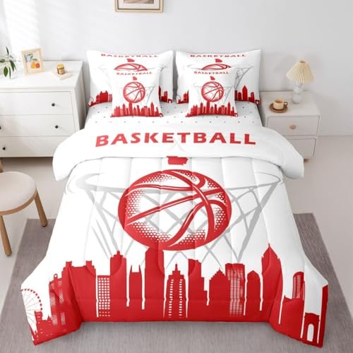 Erosebridal 7 Pcs Comforter Set King Size,Basketball Bed in a Bag with Flat Sheet and Fitted Sheet for Kids and Adults,Sports Bedding Set with Pillowcases and Cushion Cases,