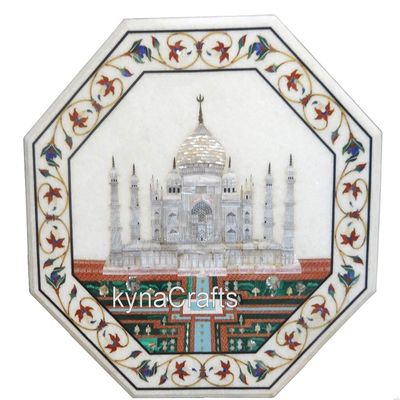 18 x 18 Inches Octgaon White Marble Coffee Table Top Symbol of Love Pattern Inlay Work Bed Side Table for Hotel and Home