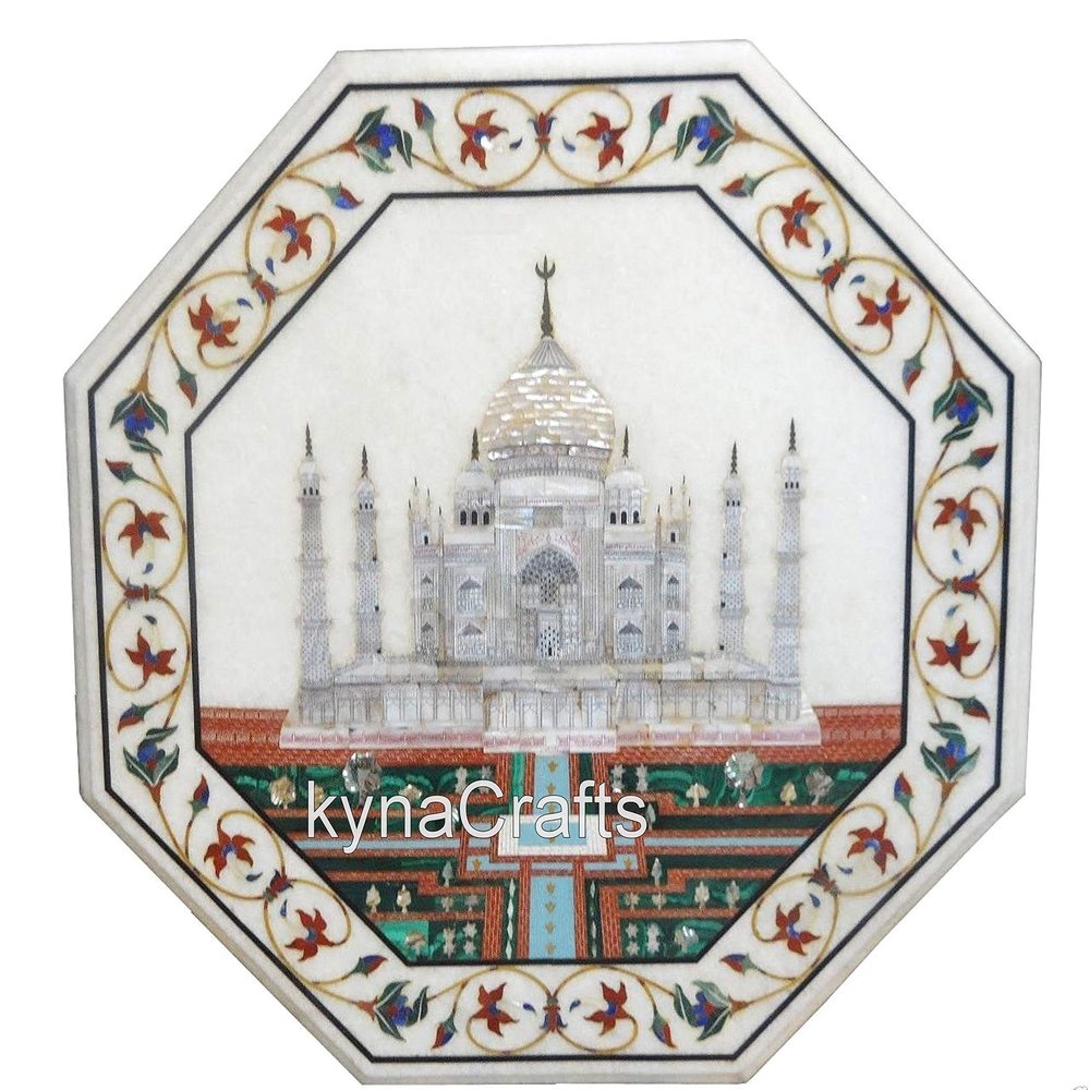 18 x 18 Inches Octgaon White Marble Coffee Table Top Symbol of Love Pattern Inlay Work Bed Side Table for Hotel and Home