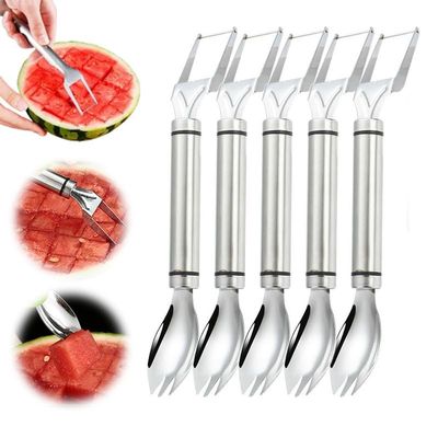 2-in-1 Stainless Steel Fruit Cutter, 2024 New Watermelon Fork Slicer Cutter Slicer Tool, Dual Head Fruit Forks Slicer Watermelon Cutter Tool, Summer Fruit Cutting Fork for Home Kitchen Gadget(5pcs)