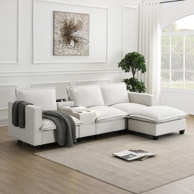 109" L Shaped Sectional Sofa, Modern Comfy Deep 4-Seat Sofa with Console, USB Charging Port, Reading Light and Cup Holder, Chenille Cloud Couch for Living Room, Apartment, Office (Beige)