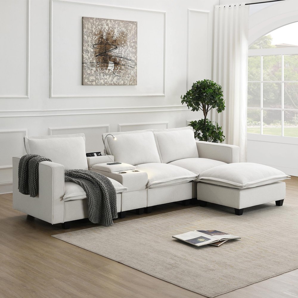 109" L Shaped Sectional Sofa, Modern Comfy Deep 4-Seat Sofa with Console, USB Charging Port, Reading Light and Cup Holder, Chenille Cloud Couch for Living Room, Apartment, Office (Beige)