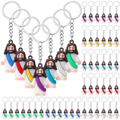 Sumind 48 Pcs Jesus Toys Figurine Christian Keychain Jesus Doll Religious Keychain Bulk Classic Christian Rings for Christ(Multicolor,White Skin Classic)