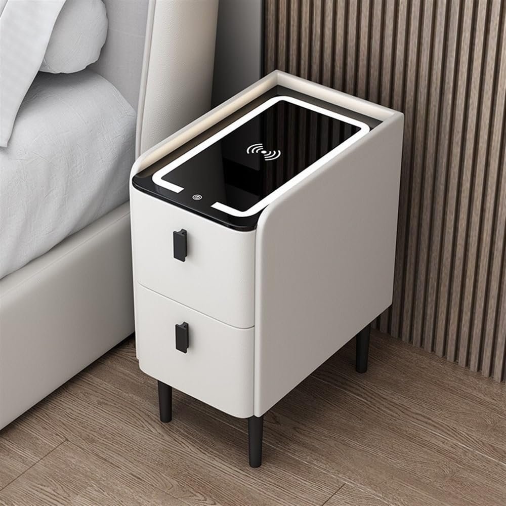 WSZDRH Narrow Smart Nightstand with Wireless Charging Station, Modern Leather Nightstand with Glass Tabletop, Slim Bedside Table, Skinny Nightstand with LED Light for Small Spaces(Beige,25cm/9.8in)