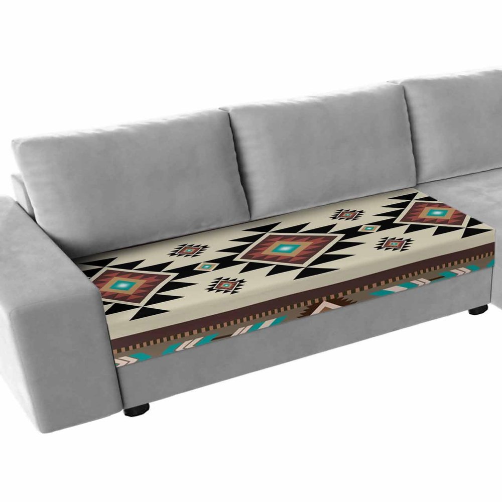 Wowouhiya Brown Teal Southwest Couch Cushion Covers, Stretch Sofa Cover with Elastic Bottom, Western Geometric Abstract Ethnic Sofa Slipcovers Protector Washable Chair/Sofa Cushion Covers M-1Pcs