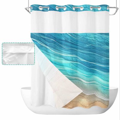 Anzona Turquoise Ombre No Hook Shower Curtains, Summer Beach Small Shower Curtains with Snap in Liner, Coastal Nautical Wave Waterproof Washable Fabric Bathroom Shower Curtain Sets, 36" x 72"