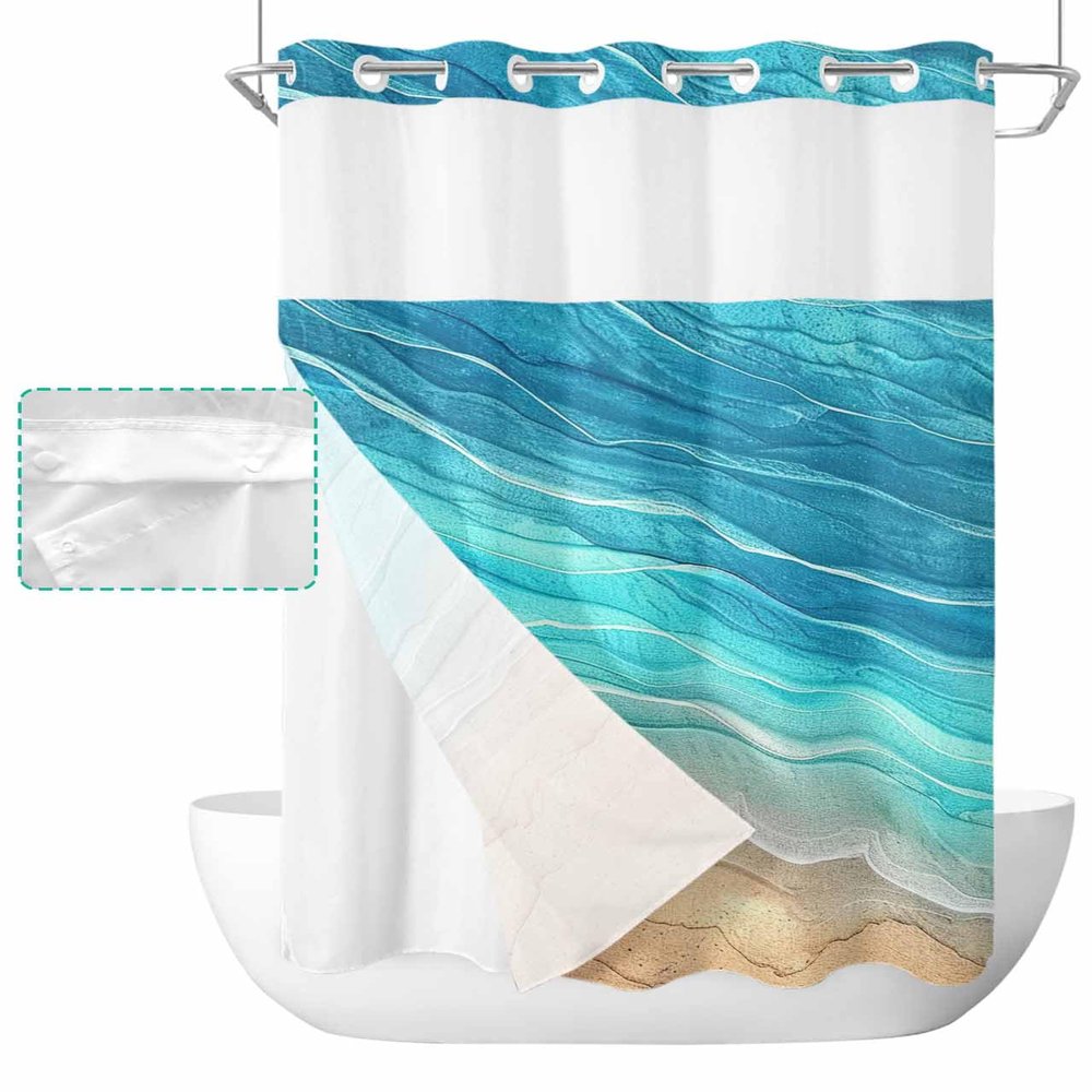 Anzona Turquoise Ombre No Hook Shower Curtains, Summer Beach Small Shower Curtains with Snap in Liner, Coastal Nautical Wave Waterproof Washable Fabric Bathroom Shower Curtain Sets, 36" x 72"
