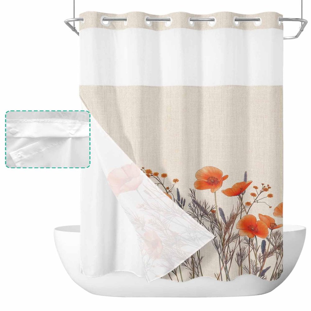 Anzona No Hook Shower Curtains, Red Poppy Rustic Small Shower Curtains with Snap in Liner, Abstract Botanical Floral Waterproof Washable Fabric Bathroom Shower Curtain Sets, 36" x 72"