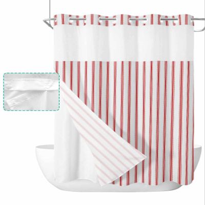 Anzona Pink Striped No Hook Shower Curtains, Farmhouse Standard Bathroom Curtains with Snap in Liner, Modern Pink Stripes Waterproof Washable Fabric Bathroom Shower Curtain Sets, 60" x 72"