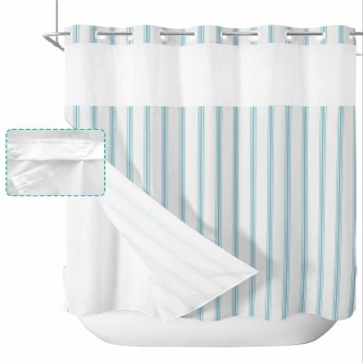 Anzona Aqua Striped No Hook Shower Curtains, Farmhouse Long Bathtub Curtains with Snap in Liner, Modern Turquoise Stripes Waterproof Washable Fabric Bathroom Shower Curtain Sets, 72" x 78"