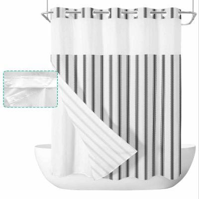 Anzona Black Striped No Hook Shower Curtains, Farmhouse Small Shower Curtains with Snap in Liner, Modern Black Stripes Waterproof Washable Fabric Bathroom Shower Curtain Sets, 36" x 72"