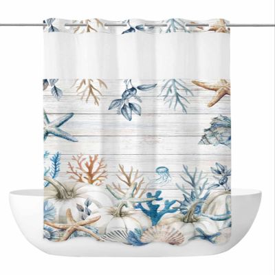Anzona No Hook Shower Curtains, Fall Pumpkins Coastal Small Shower Curtains with Snap in Liner, Summer Fall Coral Wooden Waterproof Washable Fabric Bathroom Shower Curtain Sets, 36" x 78"