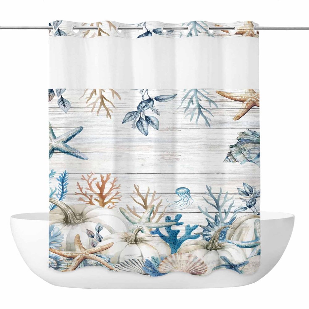 Anzona No Hook Shower Curtains, Fall Pumpkins Coastal Small Shower Curtains with Snap in Liner, Summer Fall Coral Wooden Waterproof Washable Fabric Bathroom Shower Curtain Sets, 36" x 78"