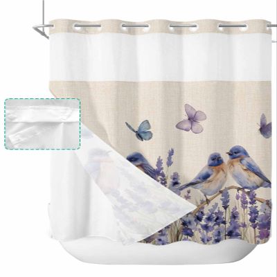 Anzona No Hook Shower Curtains, Purple Bird Floral Standard Bathtub Curtains with Snap in Liner, Farmhouse Summer Butterflies Waterproof Washable Fabric Bathroom Shower Curtain Sets, 72" x 72"