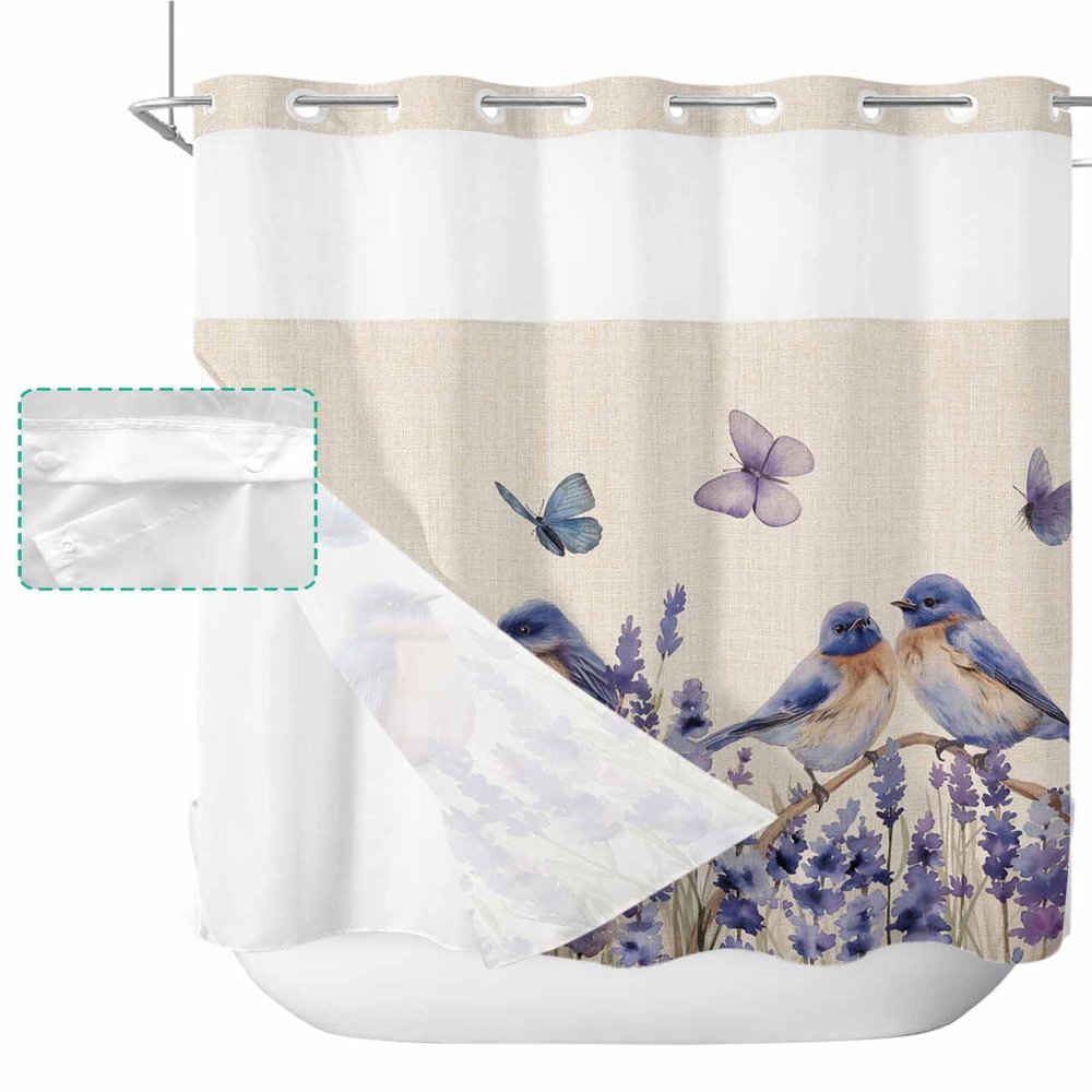 Anzona No Hook Shower Curtains, Purple Bird Floral Standard Bathtub Curtains with Snap in Liner, Farmhouse Summer Butterflies Waterproof Washable Fabric Bathroom Shower Curtain Sets, 72" x 72"