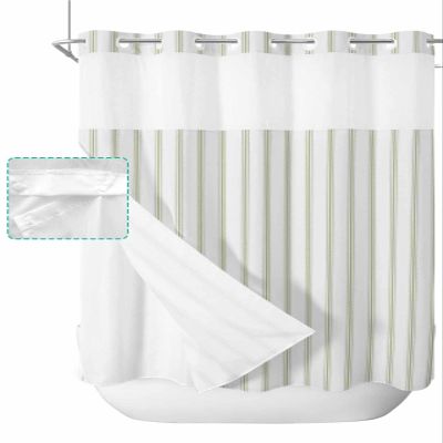 Anzona Sage Green Striped No Hook Shower Curtains, Farmhouse Long Bathtub Curtains with Snap in Liner, Modern Sage Green Stripes Waterproof Washable Fabric Bathroom Shower Curtain Sets, 72" x 78"