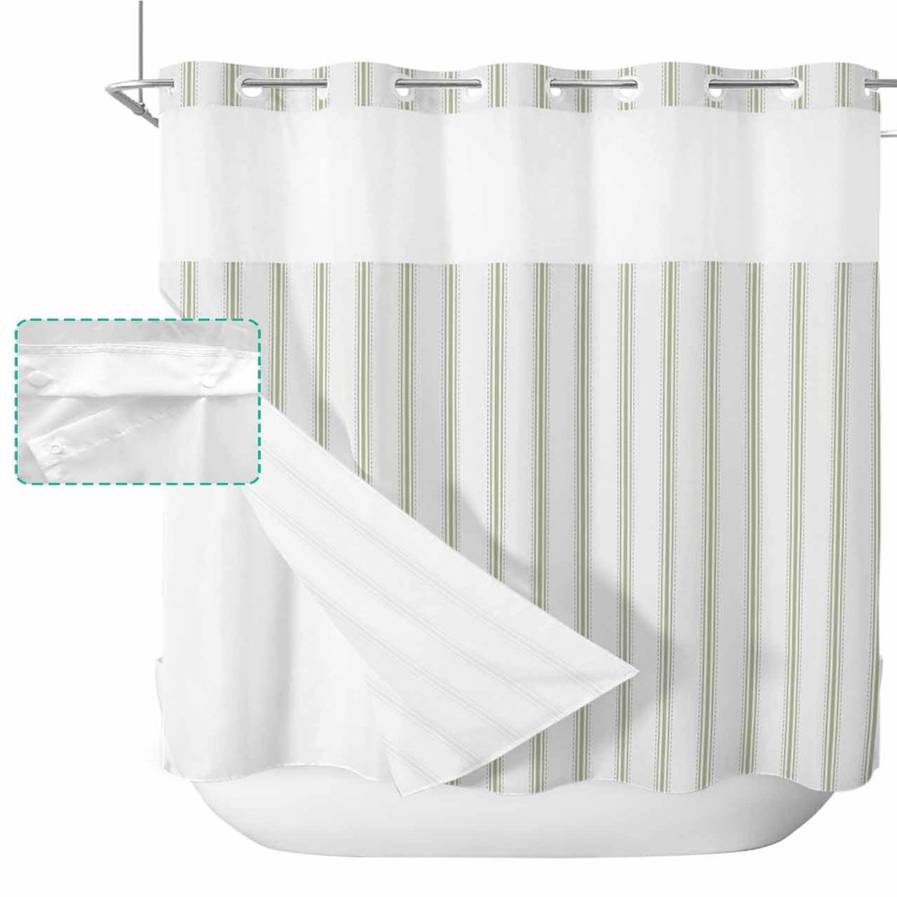 Anzona Sage Green Striped No Hook Shower Curtains, Farmhouse Long Bathtub Curtains with Snap in Liner, Modern Sage Green Stripes Waterproof Washable Fabric Bathroom Shower Curtain Sets, 72" x 78"