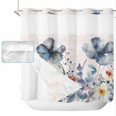 Anzona No Hook Shower Curtains, Farmhouse Floral Standard Bathtub Curtains with Snap in Liner, Spring Blue Botanical Burlap Waterproof Washable Fabric Bathroom Shower Curtain Sets, 72" x 72"