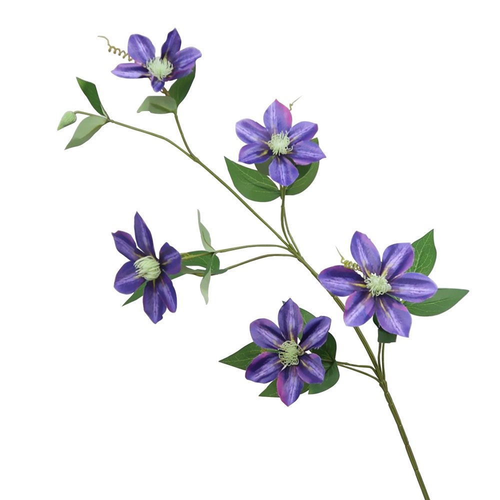 ZHDOKA 33.5in Artificial Clematis Flower, 5 Heads Long Stem Faux Clematis Flower Simulation Clematis Branch with Green Leaves, Lifelike Clematis Spray for Wedding Table Centerpieces(Floral Purple)