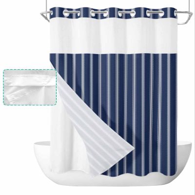Anzona Navy Blue Striped No Hook Shower Curtains, Farmhouse Small Shower Curtains with Snap in Liner, Abstract Navy Blue Waterproof Washable Fabric Bathroom Shower Curtain Sets, 36" x 72"